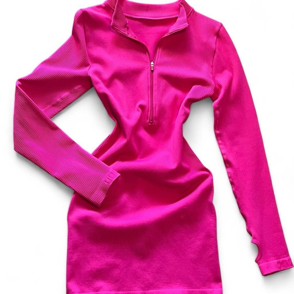 Baby shower Hot Pink Ribbed Half-Zip Bodycon Dress